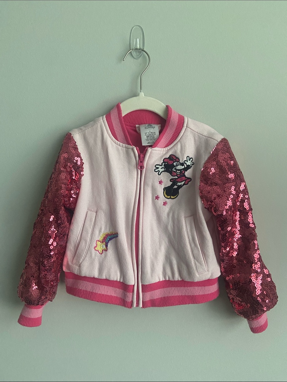 Disney Store Minnie Mouse Pink Sequin Sleeve Bomber Jacket size 3 little girl